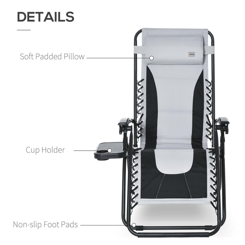 Zero Gravity Lounger Chair, Folding Reclining Patio Chair with Padded Seat, Cup Holder, Soft Cushion and Headrest for Poolside, Camping, Light Grey