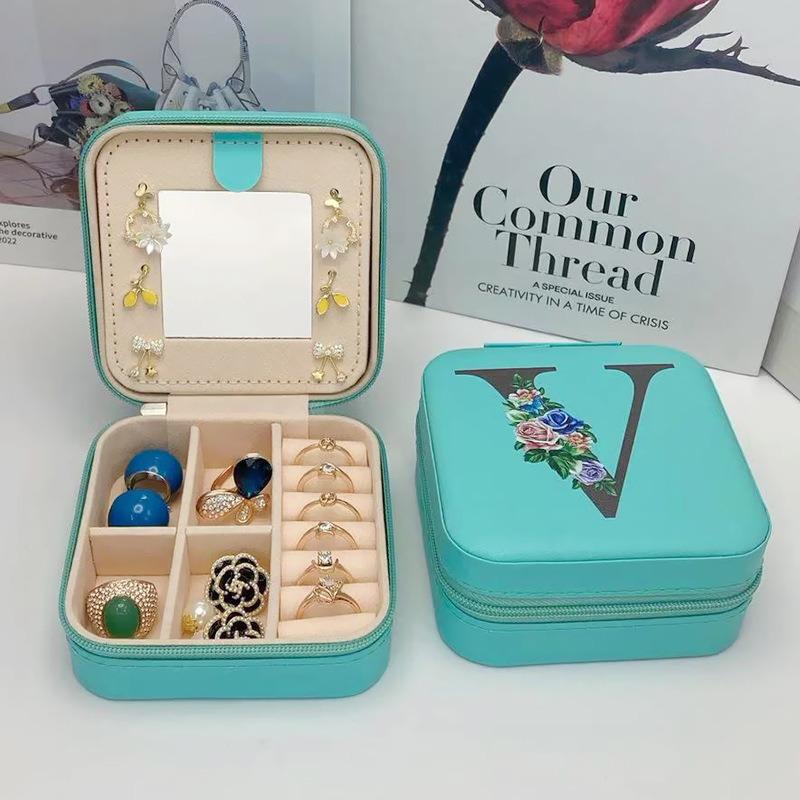 PU Leather Jewelry Box Mirror Storage Box 26 Letter Printed Portable Jewelry Organizer Earring Ring Necklace Case