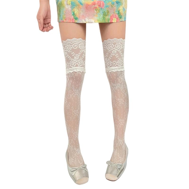 Vintage Colorful Patterned Over Knee Socks Floral Lace Trim Fishnet Mesh Stretchy Nylon Thigh High Stockings For Women
