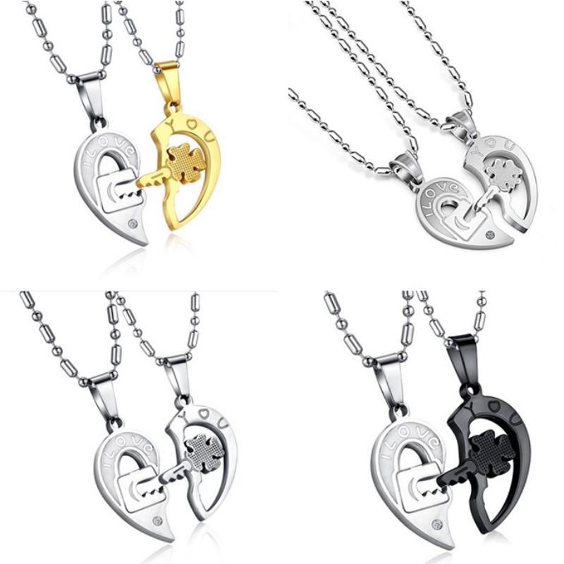 Couple Necklace Lock, a Pair of Heart-shaped Keys, Titanium Steel Necklace Pendant, Fashionable