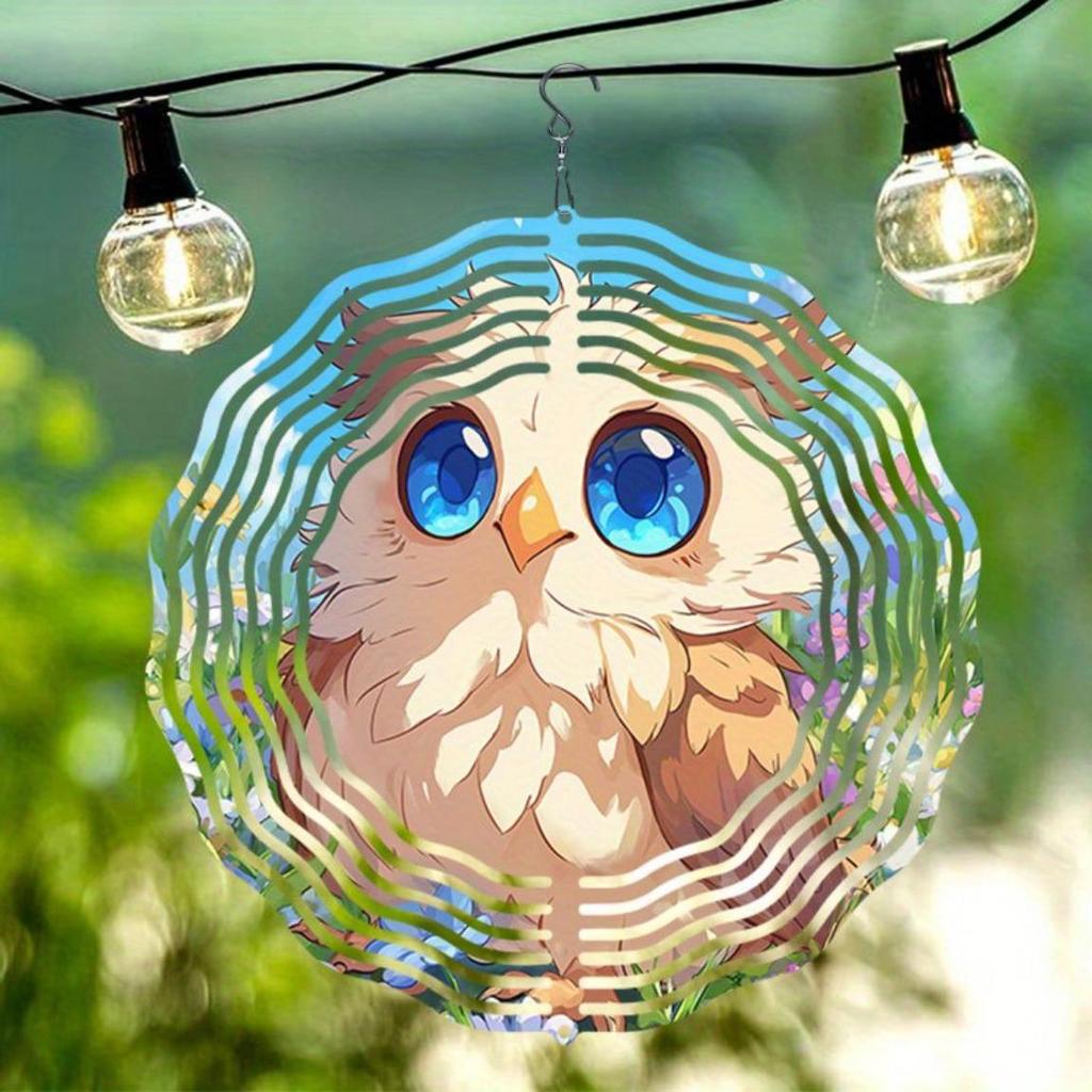 Cute Cartoon Owl 3D Metal Wind Spinner Outdoor Garden Decor Hanging Ornament for Thanksgiving Christmas Patio Decor No Electricity