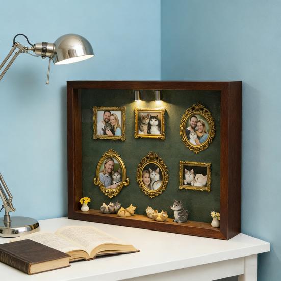 DIY Mini Museum Silhouette Box with Light Family Memory Photo Display Case Kit with 6 Gold Mini Frames 4 Miniature Cats 2 Potted Plants for Cat Lovers