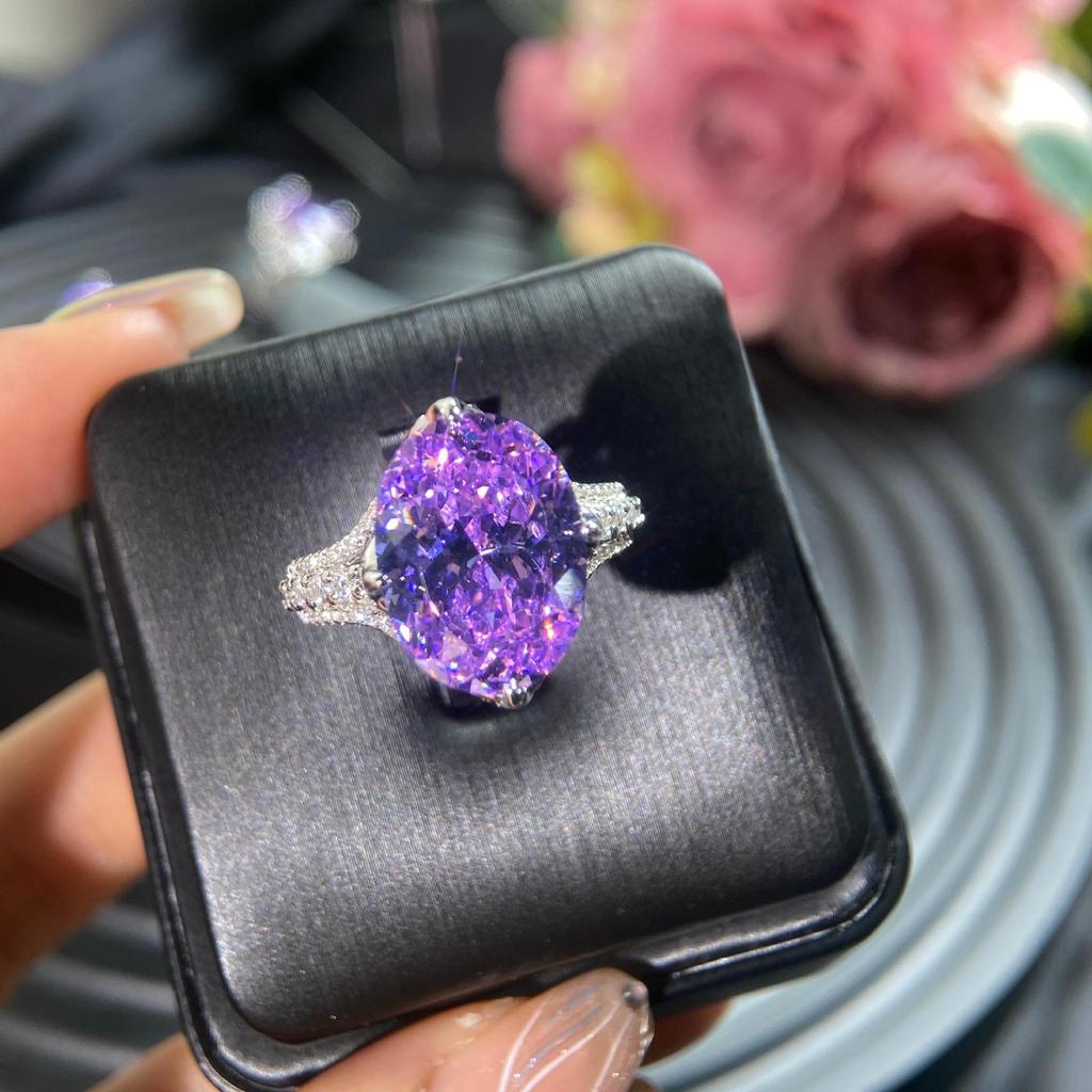 2026 Pigeon Egg Comparable To Ice Flower Cut Purple Lithium Glow Inlaid Zircon Banquet Open Ring Female