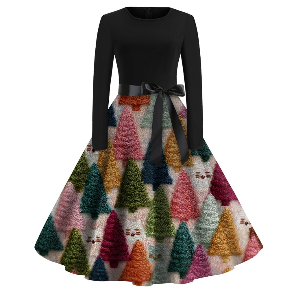 Dámské módní kulaté ležérní slim fit šaty s vánočním potiskem, velké kolové, s dlouhým rukávem