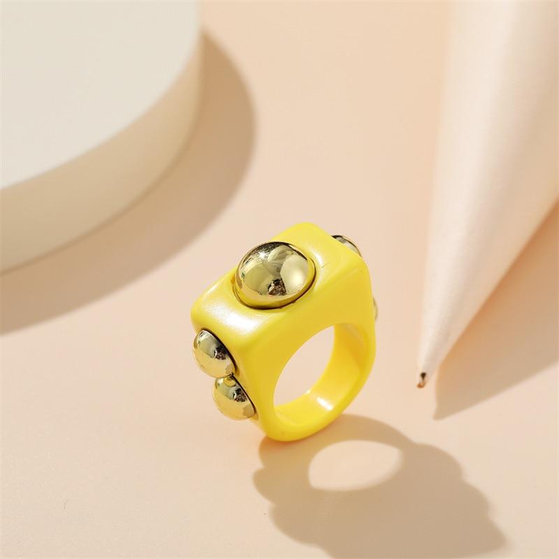 iF ME Chunky Aesthetic Large Colorful Golden Bead SquareTransparent Resin Acrylic Rings for Women Girl DIY Knuckle Party Ring Jewelry
