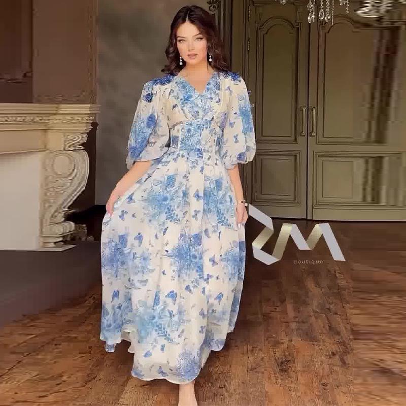 2024 Sommer Damen Frisches Elegantes Langes Kleid mit Süßem Druck