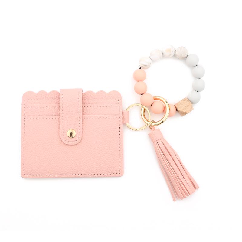 Leopard Print Silicone Bead Bracelet Wallet with PU Leather Tassel Keychain