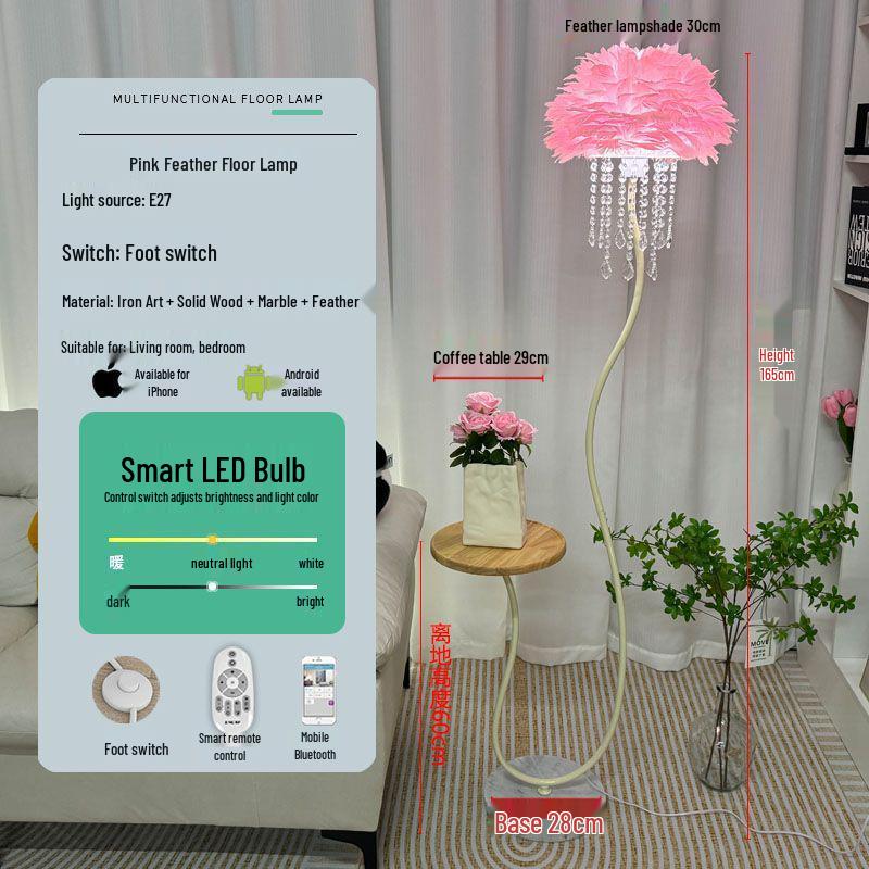 Elegant Crystal Feather Floor Lamp with Side Table Storage - Perfect for Living Room or Bedroom