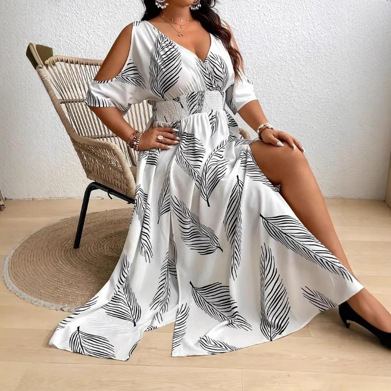 Abito da Donna alla Moda con Scollo a V Sexy con Stampa Elegante con Spacco e Spalle Scoperte
