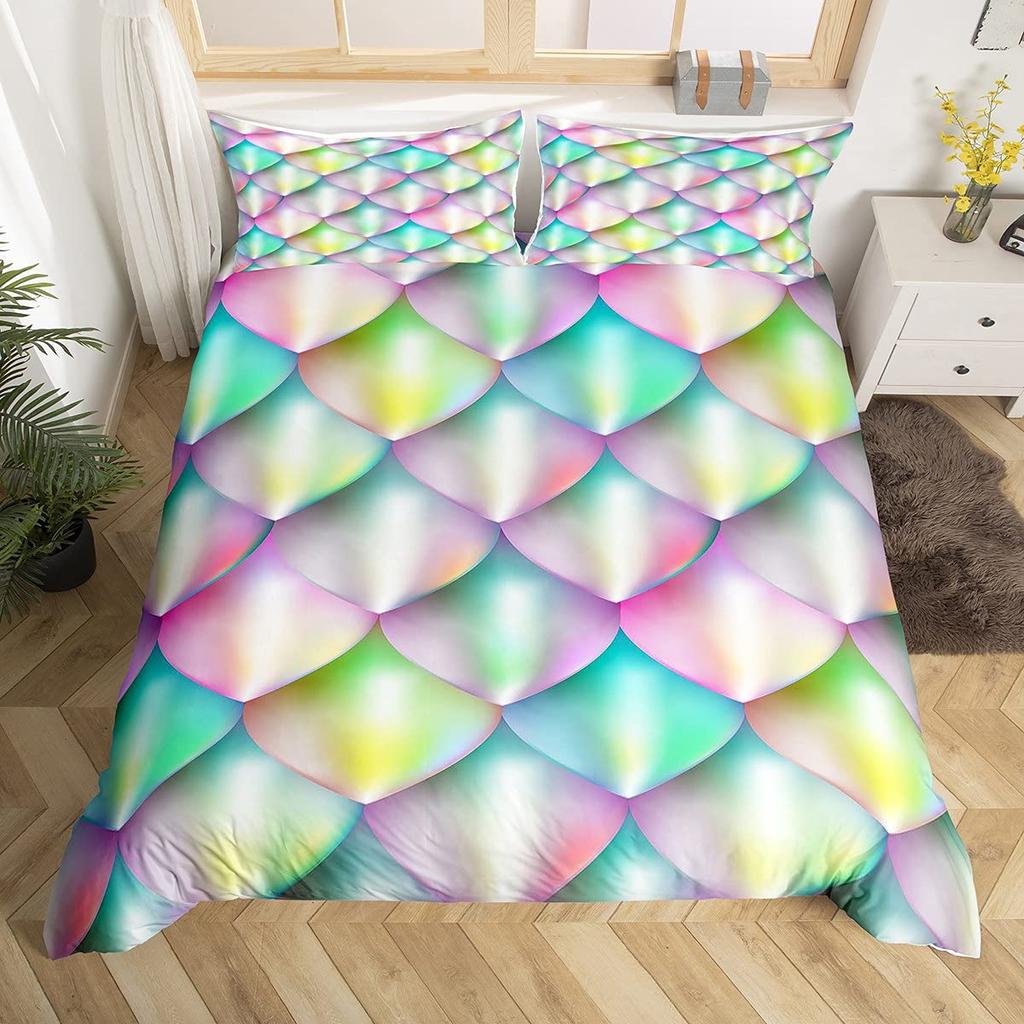 Fish Scales Duvet Cover Set Pink Fish Scales Pattern Colorful Twin Bedding Sets For Girls Women Microfiber 2/3Pieces Quilt Cover