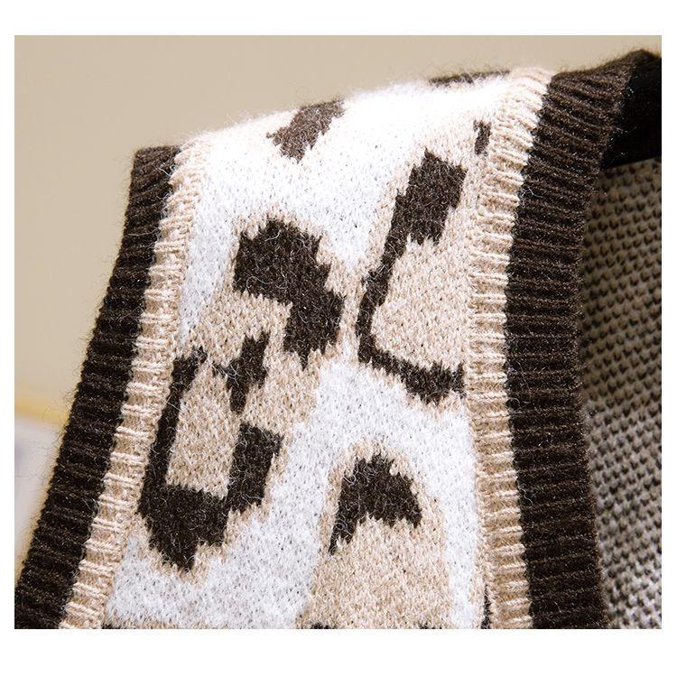 Dámská pletená vesta s výstřihem do V se vzorem leopardí srsti Jarní a podzimní vesta Korejský pulovr Svetrová vesta