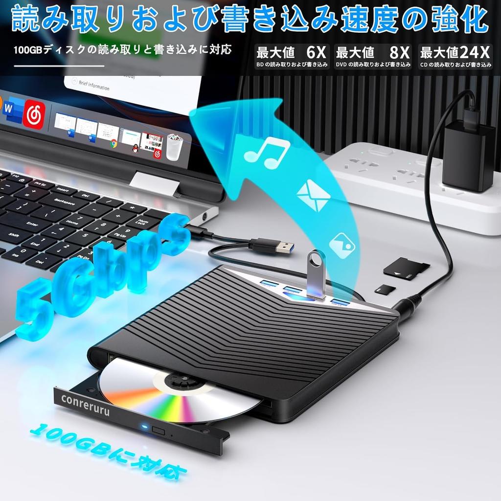 External Blu-ray Drive, USB-A/C Compatible, Playback/Read/Write/Burn, BD/CD/DVD Player, Portable Blu-ray Drive, Windows/Mac Compatible, with 120cm Pow