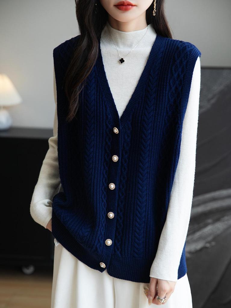 Women's Wool V-neck Cardigan with Rhinestone Buttons - Sleeveless Knit Pullover Vest, Large Quantity Available in Stock