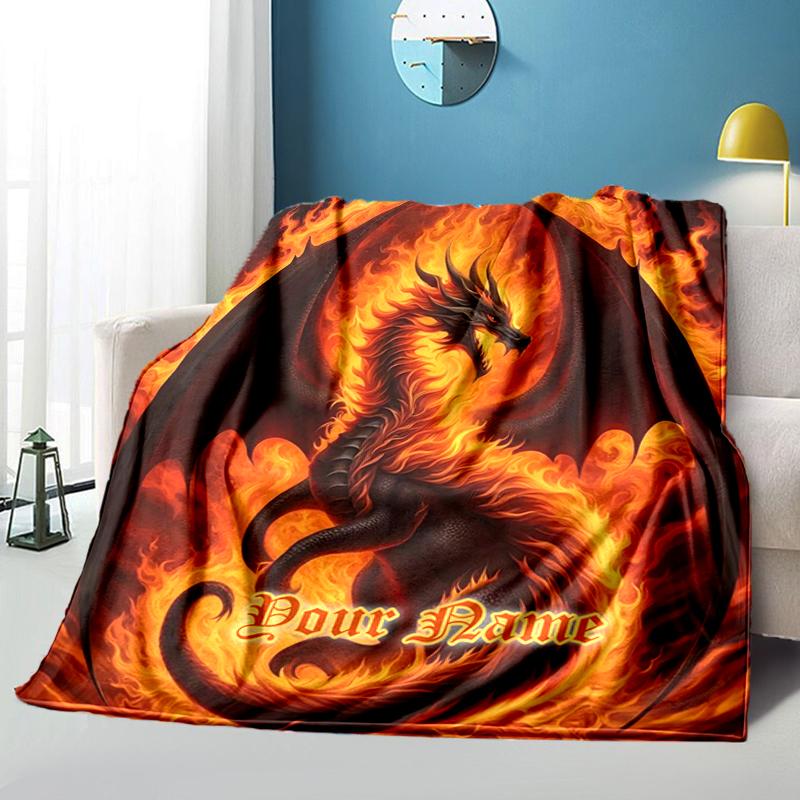 1PC Custom Name Dragon Artwork flannel blanket versatile, all-season throw suitable for the living room, bedroom, camping, travel, and gift