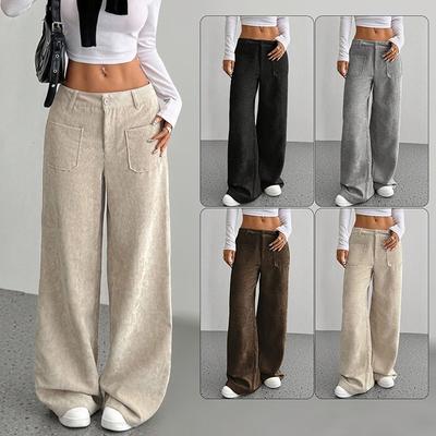 Women Autumn Winter Casual Solid Color Pocket High-Waisted Corduroy Straight-leg Pants
