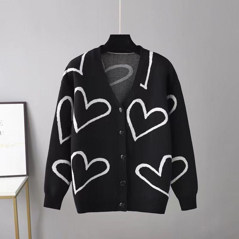 

New Fall and Winter New Arrival Heart Contrast Color Knitwear Casual Cardigan Coat Female New Cardigan Jacket Black All yards