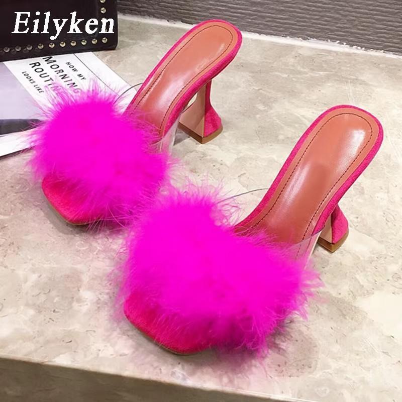 

Модные женские летние шлепанцы Eilyken с открытым носком, перьевые, ПВХ, прозрачные, на высоком каблуке, меховые сандалии, на шипах, женские мюли, шлепанцы, обувь 35 розы красного