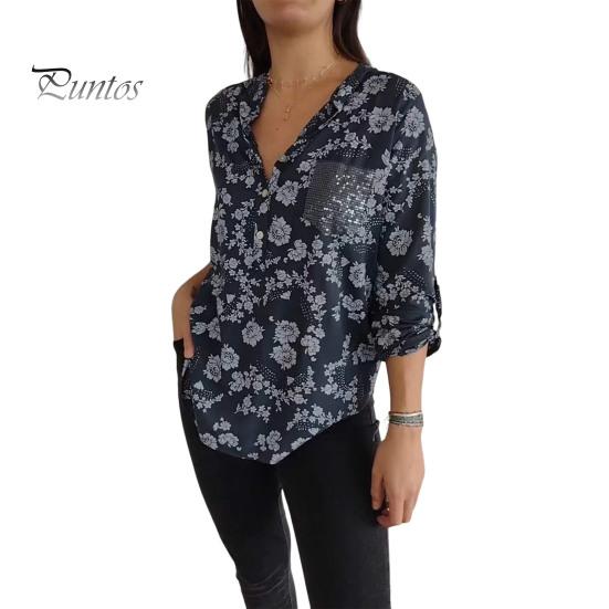 

Женская рубашка с принтом, повседневная блузка с длинным рукавом и лацканами, женская однобортная рубашка в уличном стиле для работы, поездок на работу, свиданий, путешествий, вечеринок S синий