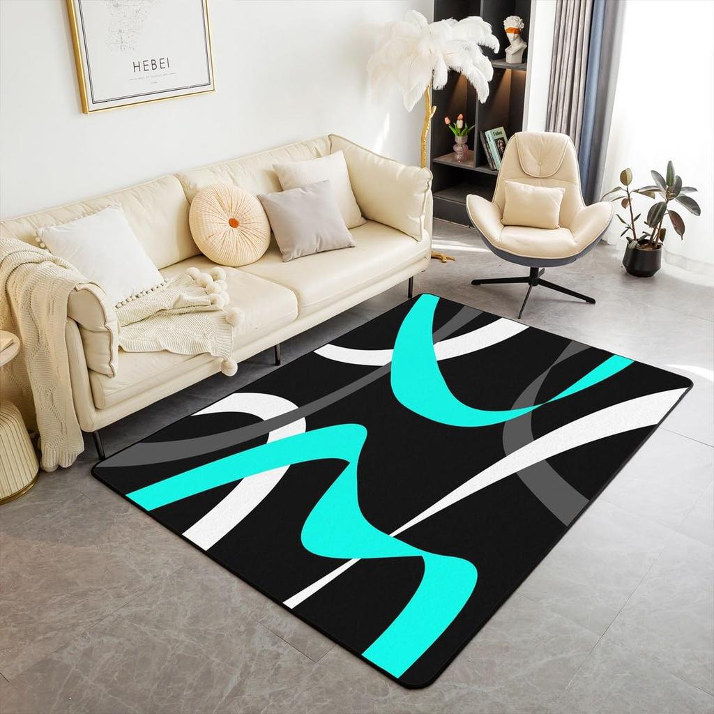 Modern Abstract Curve Print Area Rug, Black Pink & White Design Non-Slip Floor Mat for Living Room Bedroom Home Decor Carpet