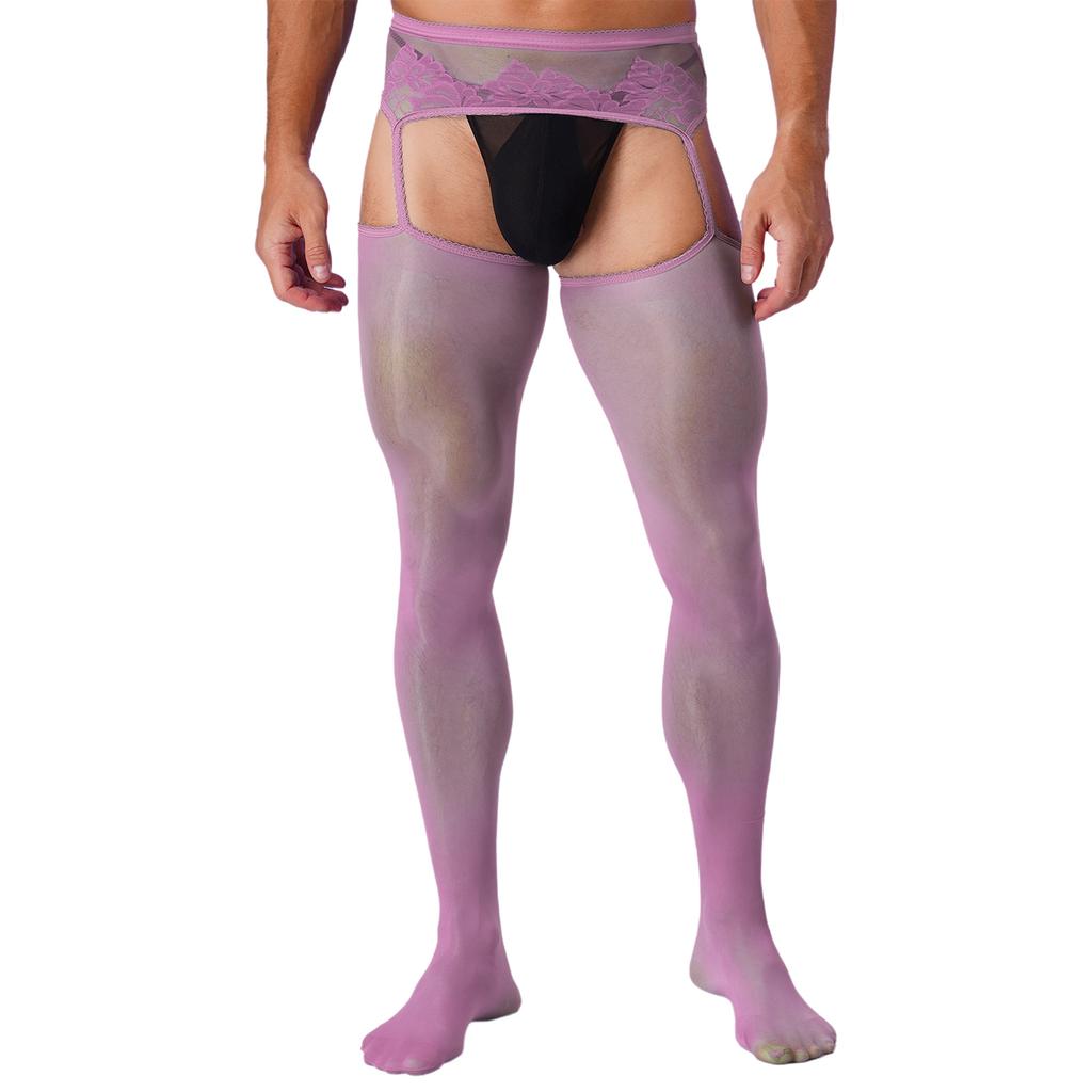 Mens Crotchless Pantyhose Floral Lace Design Open Leggings One Piece Garter Stockings Club Wear