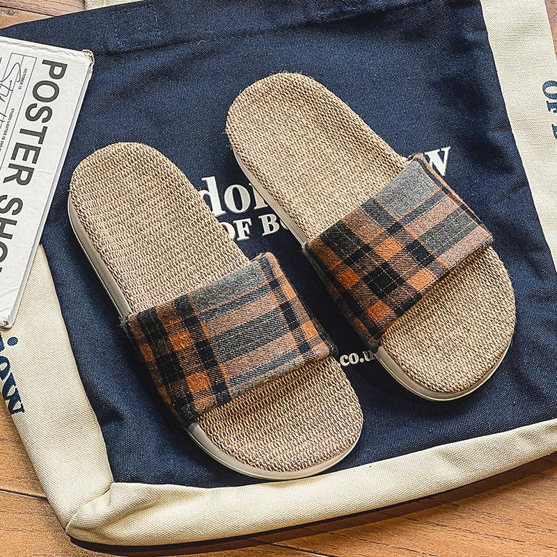 

Осенне-зимние парные домашние тапочки-шлепанцы с одним словом, модные универсальные клетчатые хлопково-льняные женские тапочки 43-44
