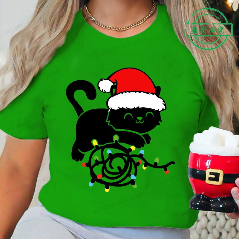 Summer Round Neck 3D Christmas Black Cat Pattern Print Top Fashionable Casual Short Sleeved Women's T-shirts