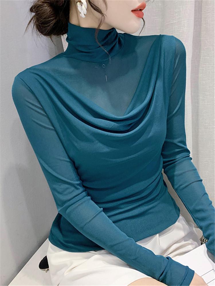 European High Neck Mesh Long Sleeve Top - Women's Slim Fit Autumn Shirt