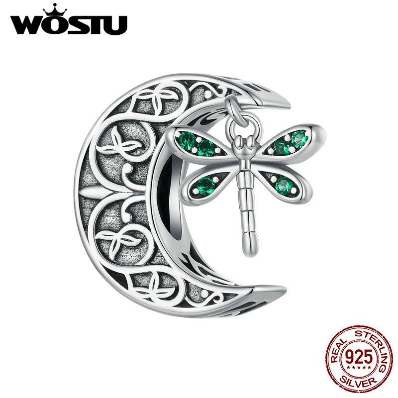 WOSTU 925 Sterling Silver Roses & Moon Dragonfly Charm Four-leaf Clover Beads for Women Girls Bracelet & Bangle DIY Jewelry