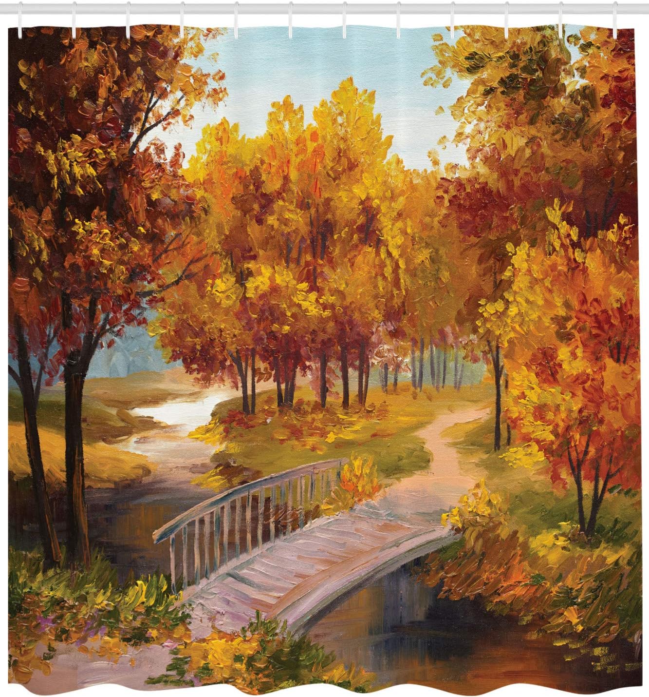 Autumn Forest Shower Curtain with Hooks – Wooden Bridge, Fall Leaves & River, Rustic Park Scene in Blue Orange 90x180cm35x71in