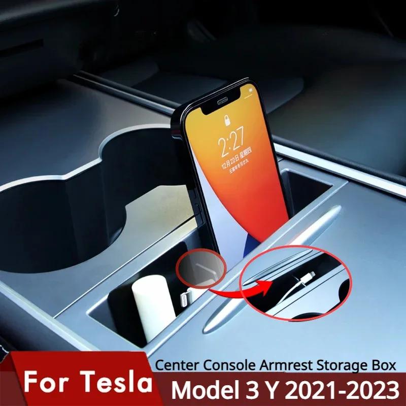 Mobile Phone Storage Box for Tesla Model 3 Y Central Control Embedded Card Key Phone Charging Cable Organizer Case 2025-2025