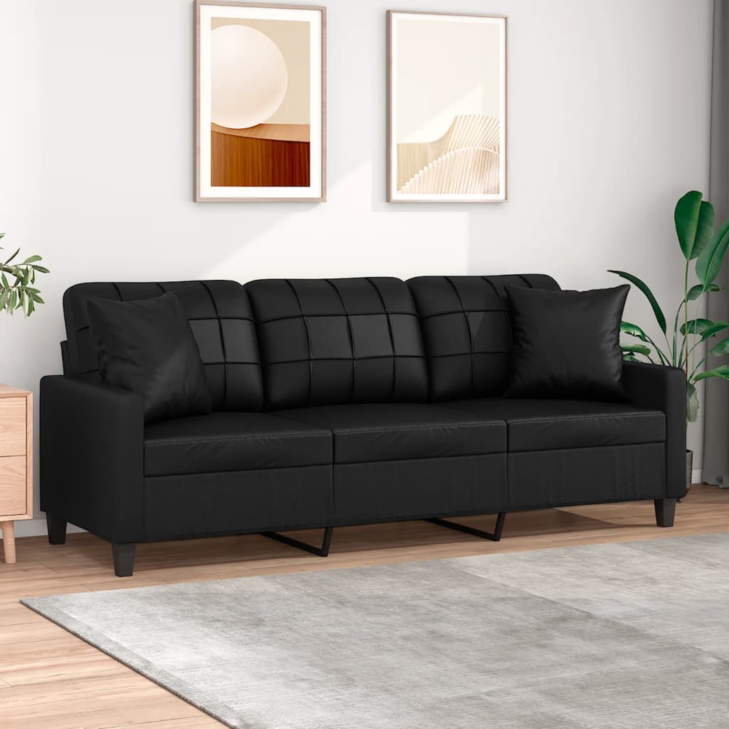 Vidaxl 3-Osobowa Sofa Z Poduszkami, Czarna, 180 Cm, Sztuczna Skóra