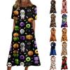Women's Casual Halloween Dress with Round Neck and Pockets Loose Fit Midi Length Printed Dress for Everyday Wear