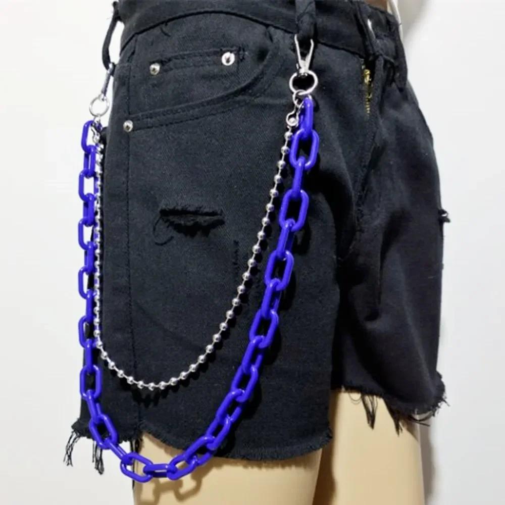 Hip Hop Punk Belt Chain Key Chain Ring Women Men Multicolor Resin Circle Heart Pendant Waist Chain Bag Car Jeans Skirts Pants