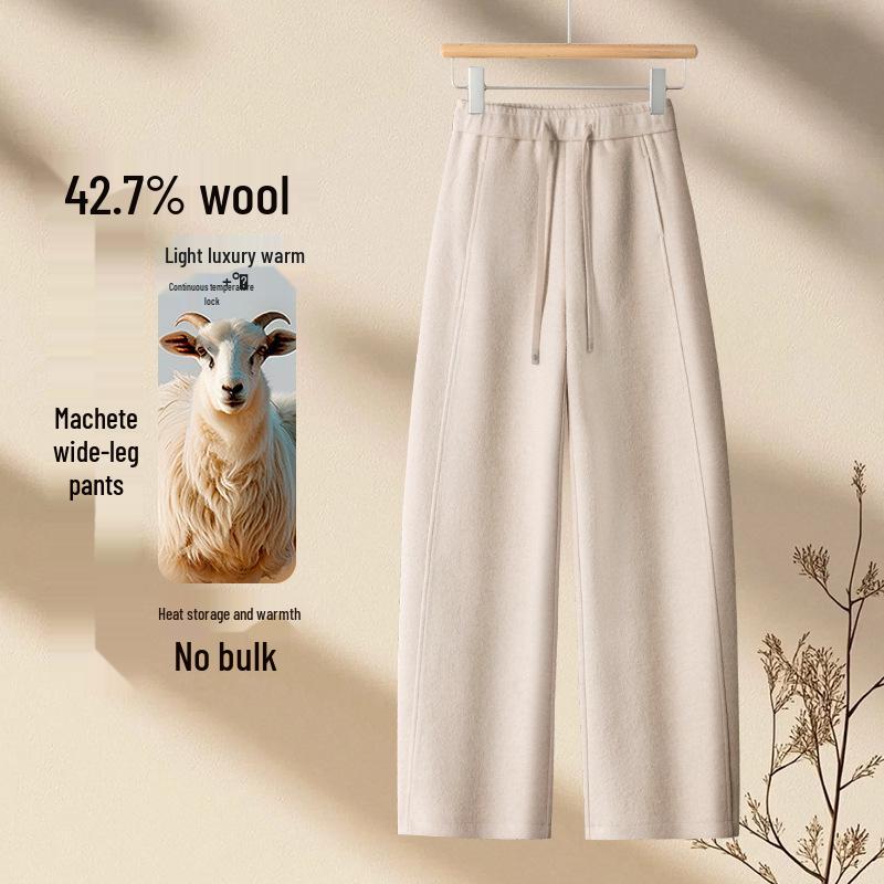 Women s High-End Wool Wide-Leg Pants - Autumn/Winter 2025: Lace-Up, High-Waisted, Loose Straight-Leg, Thickened Wool Flannel. Extra Large