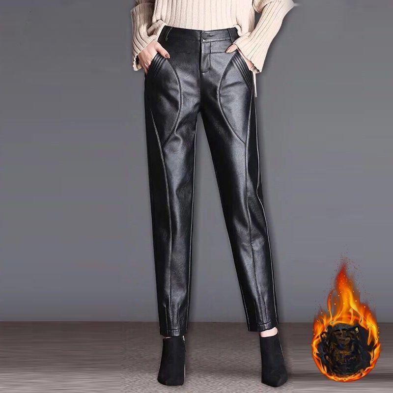 

Утолщенные черные кожаные брюки женские свободные брюки-харлан с высокой талией осенне-зимние плюшевые брюки леггинсы повседневные брюки из искусственной кожи XL