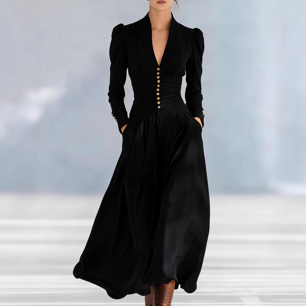Abito Maxi da Donna con Scollo a V Profondo Vita Alta Senza Maniche Dettaglio Bottoni Tasca Elegante Abito da Sera per Feste