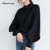 Korean Fashion Spring Autumn Women Blouse Stand Collar White Black Blue Khaki Loose Casual Shirt Lantern Sleeve Stylish Elegant Blouse