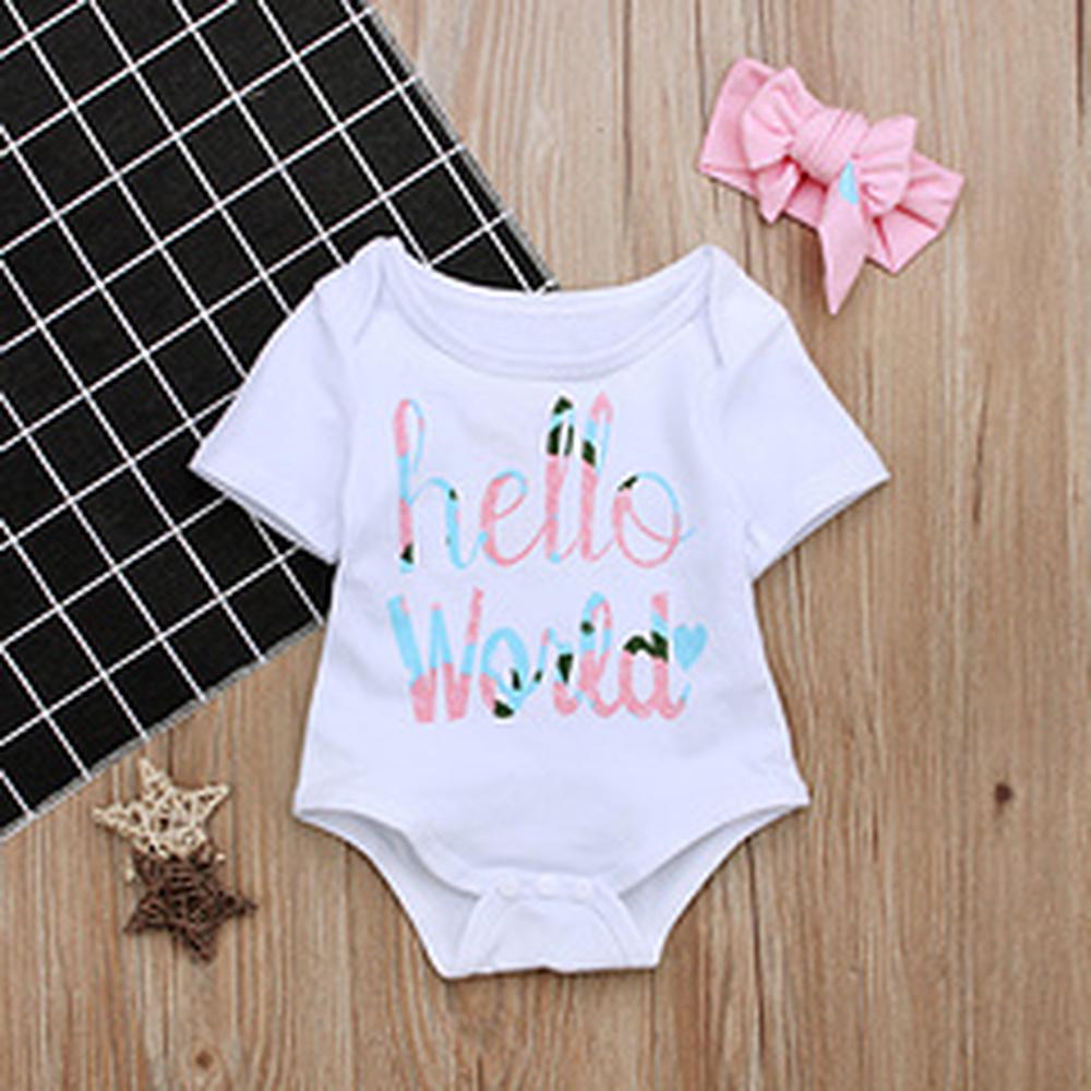 

Новонароджена дівчинка Hello World Warm комбінезон з короткими рукавами з літерами + рожева пов’язка з бантом 100