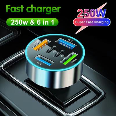 Cargador de Coche de 250W 5 Puertos Carga Rápida PD QC3.0 USB C Adaptador Cargador de Teléfono para Coche Con Voltaje Para iPhone Samsung Huawei Xiaomi