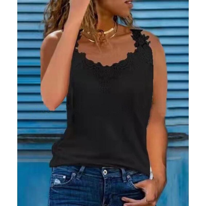 Women Fashion Vest Summer Casual Plus Size Shirts Sleeveless Lace Tops with Stitching
