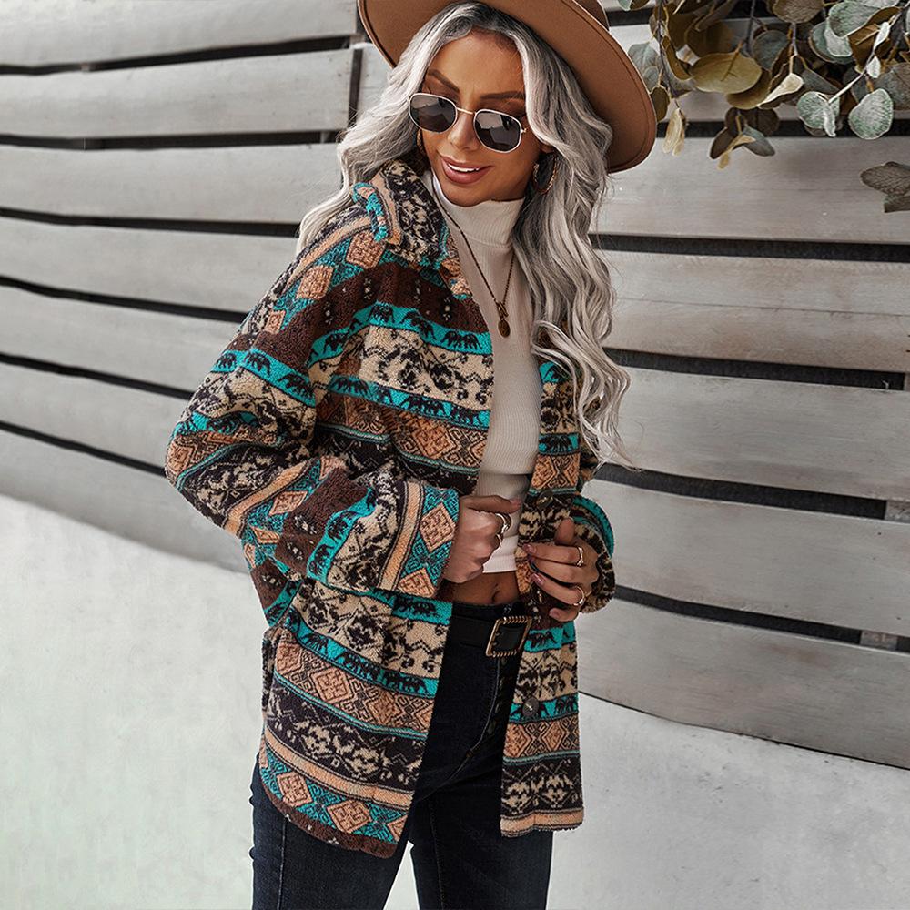 Veste ample rétro en peluche à manches longues et revers pour femme