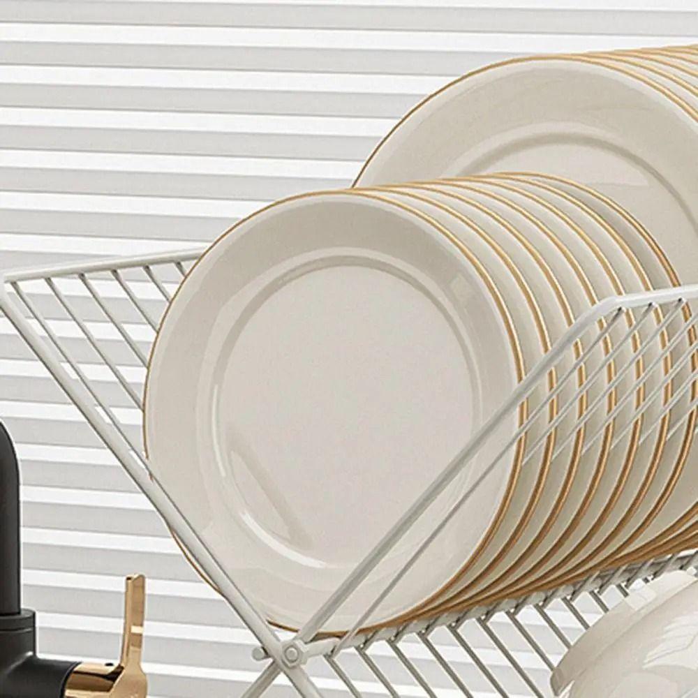 Non-slip Foldable Dish Drying Rack 2 Tier Plate Drying Shelf Kitchen Tableware Holder  Bow Plate