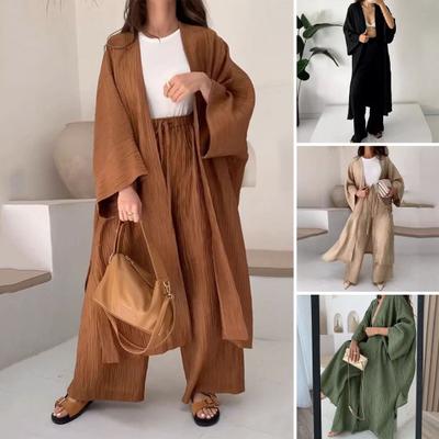 2 Pcs/Set Women Cardigan Pants Suit Long Sleeve Loose Pleated Top Wide