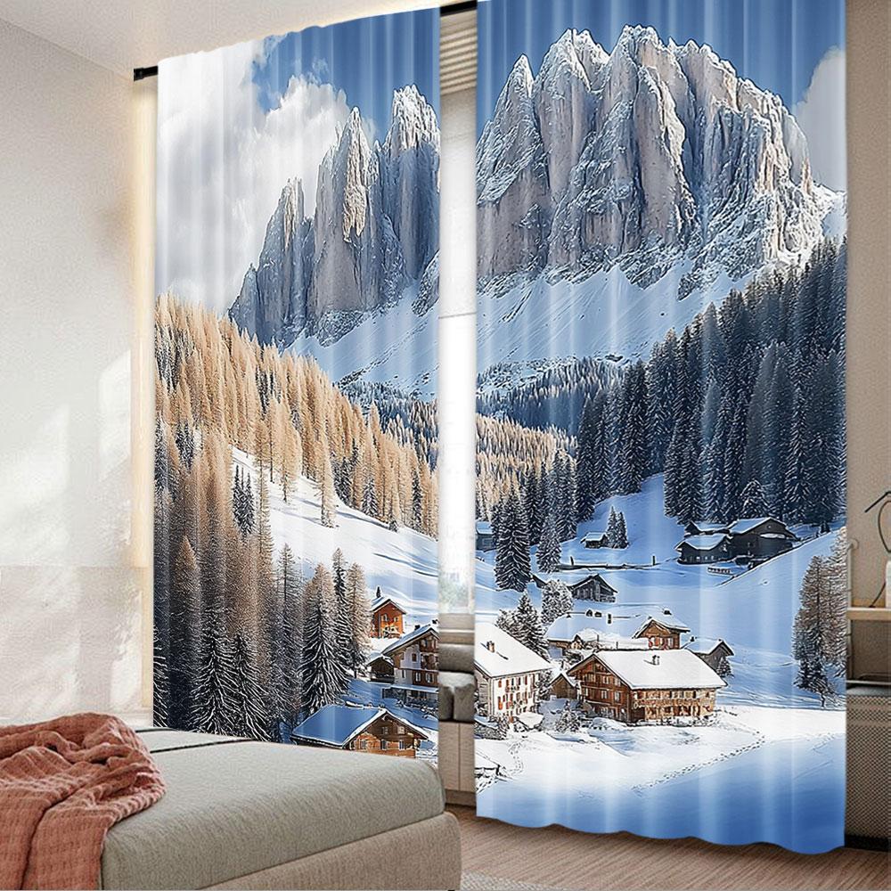 2Pcs Winter Mountain Curtain Mountain Village Scenery In Winter With Snow Window Drapes All Season Charm For Living Room Bedroom