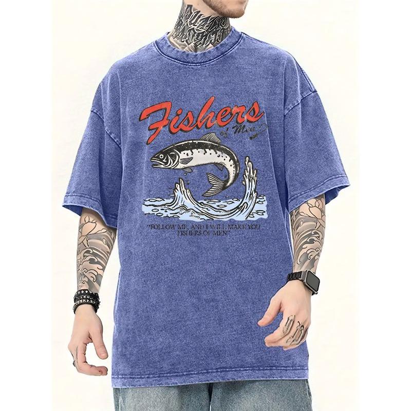 Washed Cotton T-shirt, Oversized Vintage-style T-shirt Features a Graphic Design with Red Stylized Text 'Fishers of Men',Loose Breathable Street