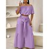 Women's Casual Short Sleeve Top + Wide Leg Pants Suit Fashion Streetwear Tie Up Commuter Outfit Summer Solid Loose Two Piece