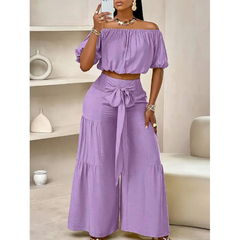 Women's Casual Short Sleeve Top + Wide Leg Pants Suit Fashion Streetwear Tie Up Commuter Outfit Summer Solid Loose Two Piece