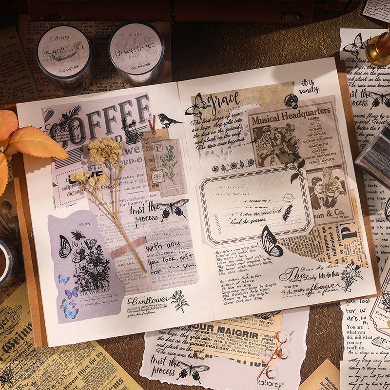 Yuezhen's Retro English Collage Text Notebook Tape Stickers