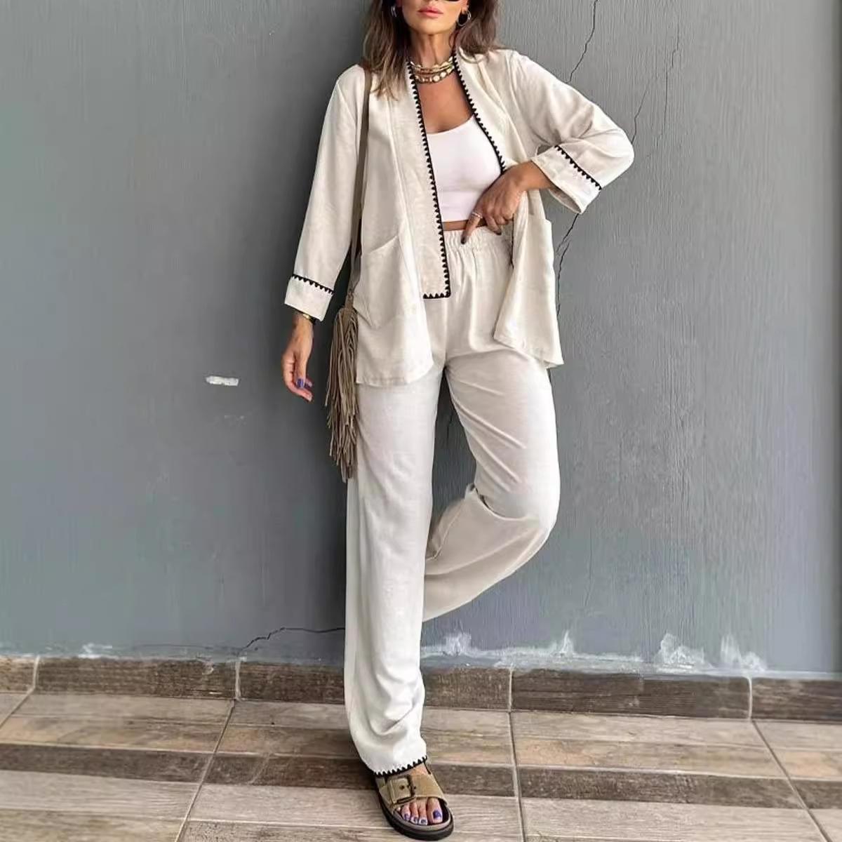 2026 New Spring and Autumn Elegant Women s Clothing Long Sleeve Fashion Casual Temperament Wide Leg Pants Set S белый