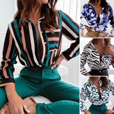 Camisa de mujer de un solo pecho de manga larga con solapa y estampado a rayas cárdigan cálido informal Sexy con estampado de cebra blusa de otoño ropa de oficina